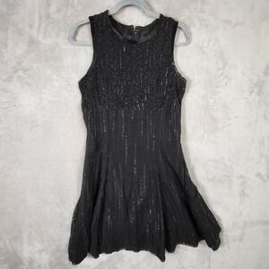 Vtg 90s Y2K Stenay Beaded Mini Dress Sleeveless Party Cocktail Black Silk Size 8